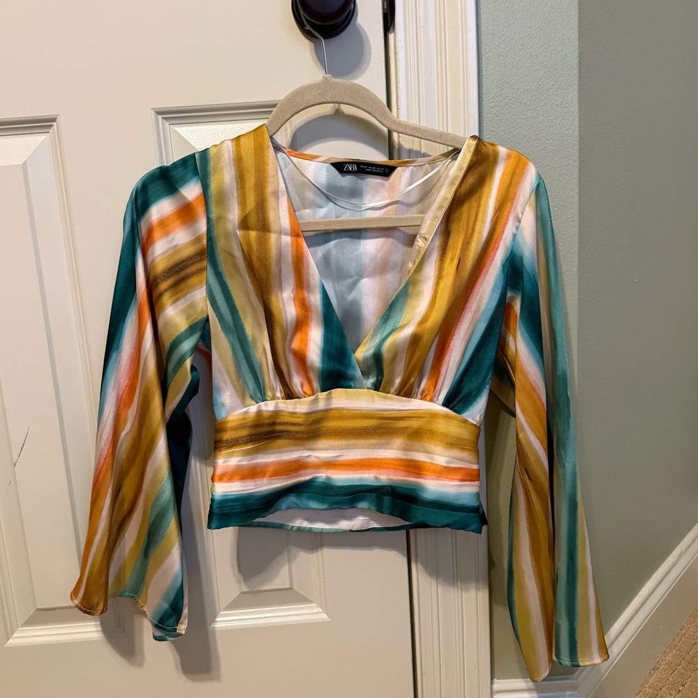 Zara Green and Yellow Long Sleeve Crop Blouse